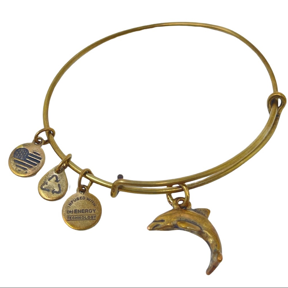 ALEX & ANI Dolphin Charm Gold Tone Bangle